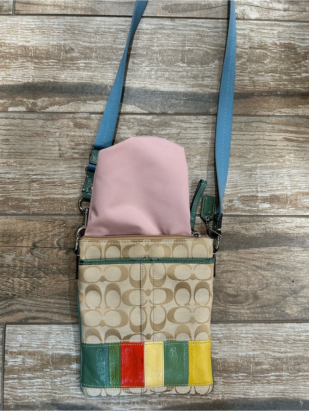 Coach Beige Signature Crossbody with Multicolor Leather Panels and Blue Strap - Picture 11 of 13